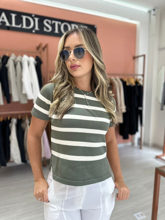 Blusa Listrada Banca e Verde